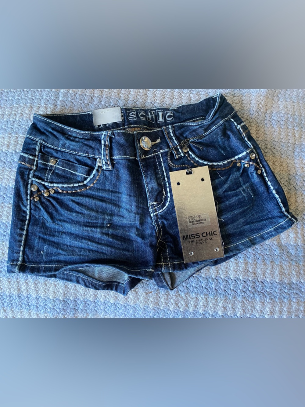 Miss Chic Dark Wash Denim Shorts Western Bling Cowgirl & Cheetah Print - Picture 2 of 5